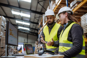 two workers in a distribution centre discussing logistics technology