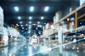 a symbolic representation of procurement and supply chain management with logistics icons against a warehouse environment backdrop